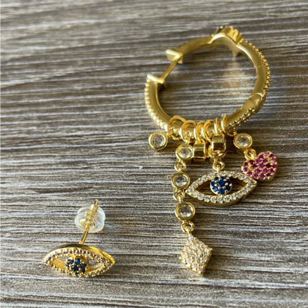 Bohemian evil eye hoop and stud earrings A150 - Picture 1 of 5